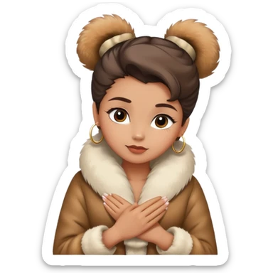 Girl with slick back bow in hair and a cute top with fur coat and she is holding her hands crossed around her neck sticker