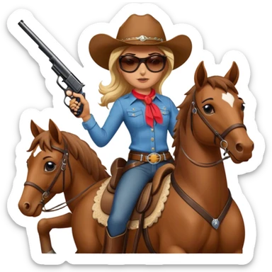 Cowgirl with sunglasses on riding a horse and holding a gun  sticker