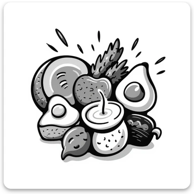 Close up of protein foods (meat, egg, beans, tofu, yogurt) connected together in a unified cluster, glowing with energy, floating in a warm light. sticker