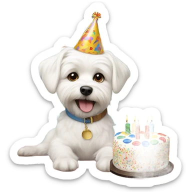 White male small dog wearing birthday hat with a cake  sticker