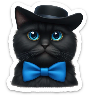 a black persian cat with a tophat and blue bow tie sticker