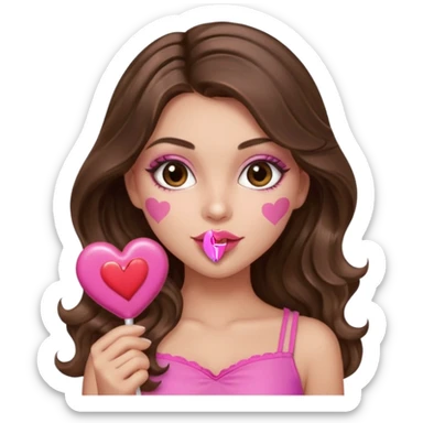 girl with long wavy brown hair, brown eyes, long lashes makeup, sexy pink lips, light to medium complexion, wearing a pink sexy top,, heart lillipop sticker