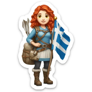 red hair female winter mountaineer offering Easter eggs and Greek flag sticker