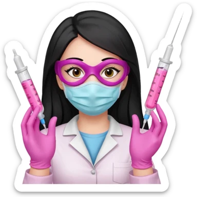 laboratorista con guantes rosa y mascarilla rosa jeringa tubos sin lentes pelo lacio negro y largo sticker