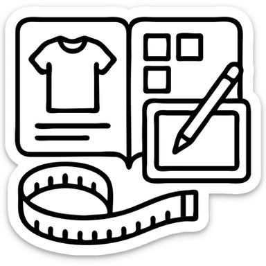 Minimalist vector icon representing fashion design management: an overhead view of a stylized open tech pack document showing a garment sketch, alongside a color swatch grid, a digital tablet with a pen, and a measuring tape curved into the shape of a semicircle. Use clean lines, soft neutral tones with one pop of color (like coral or teal), and geometric shapes. The icon should convey precision, creativity, and fashion process in a modern, professional style. Designed to be easily recognizable at small sizes. Yellow & black theme sticker