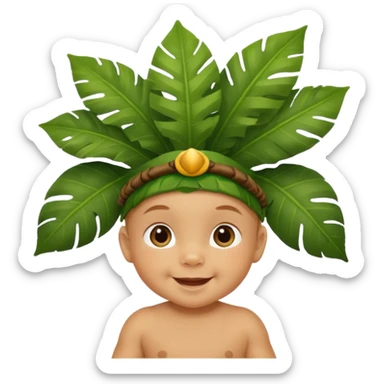 a baby with jungle wearing a large leaf headgear bye  sticker