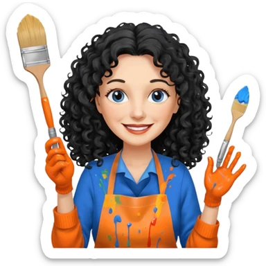 FEMME BLANCHE FRISÉ 60 ANS CHEVEUX NOIR FRISÉ ONDULÉ TRÈS  LONG , SOURIANTE AVEC CHANDAIL ORANGE ,   YEUX BLEU ET UN PINCEAU À LA MAIN LA MAIN AVEC 5 DOIGT SEULEMENT ET TABLIER sticker