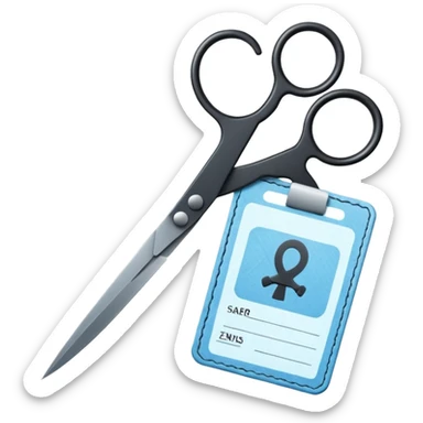 Floating black Scissors cutting a light blue military ID card in 2 parts .hyper realistic sticker