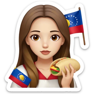 Chica bella con cabello balayage largo liso y ojos marrones comiendo arepa y bandera de Venezuela  sticker
