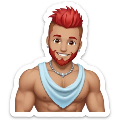 smiling muscular 28 year old man with silver jewelry, light brown hair that has and red highlights, and a fauxhawk with trimmed beard cleaning sticker