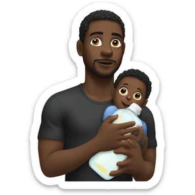 Black man holding a black baby with baby oil sticker