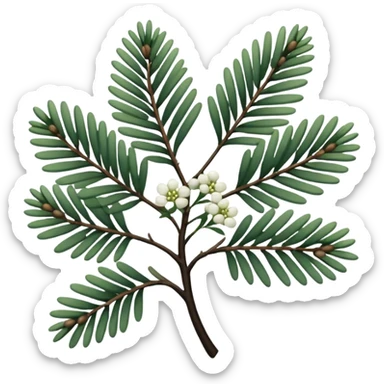 green pine leaves, small flowers, thin ebony branches, dull colored filigree design sticker