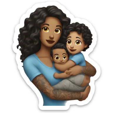  Brunette with tattoos on arm with long hair carrying a baby boy with curly hair  sticker