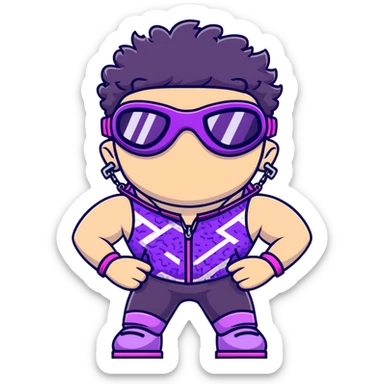 male athlete with white skin and moderately curly black hair on top with shaved sides, wearing ski goggles with purple frames and very dark black lenses, a simple plain black chain necklace, and a completely unzipped shiny vest with purple and black sequin fire pattern design, fully revealing his chest and abs, no earrings sticker