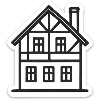 Icon of a house in Kaliningrad, hand drawn, black outlines, no fill, simple and clean, side view sticker