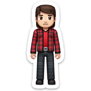 A Minecraft-style skin design depicts a character wearing a dark-colored plaid outfit with red accents.
 sticker