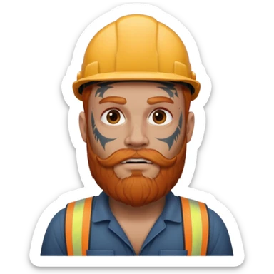 construction worker with beard, ginger haired and heavy face tattoos, intimidading sticker