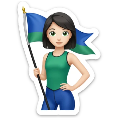 emoji style colorguard girl with a green and blue flag, black leggings, green and blue top, mid-performance sticker