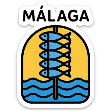icon of Málaga with a stylized sardine skewer (espeto) and sea, minimal geometric icon style sticker