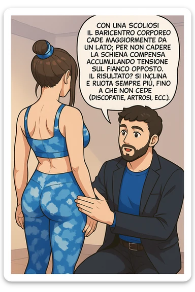 fai questa immagine in versione manga/webtoon a colori, il manga mostra la donna di spalle, mentre l'uomo le tocca la spina dorsale per spiegarle come funziona la scoliosi:
Con una scoliosi il baricentro corporeo cade maggiormente da un lato; per non cadere la schiena compensa accumulando tensione sul fianco opposto.
Il risultato? Si inclina e ruota sempre più, fino a che non cede (discopatie, artrosi, ecc) sticker