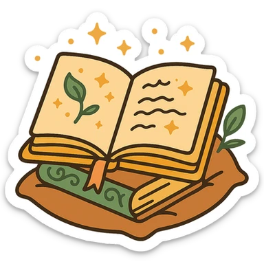  cute open book lying on a cozy surface, designed in a soft and magical color palette: golden orange (FA9B41), deep forest green (4A7C5C), warm taupe brown (96775A), and pastel peach (FFCC9A). The pages are slightly aged with gentle curves, featuring whimsical illustrations, tiny stars, and elegant handwritten text. The book cover, visible beneath the open pages, has decorative patterns and a ribbon bookmark in peach and green tones. Around the book, add soft light, a few leaves, or glowing sparkles, creating a dreamy, enchanted, storybook-like atmosphere. The overall mood is warm, magical, and gentle sticker