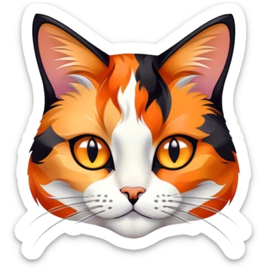 Cinematic Noble Calico Cat Portrait Emoji, Poised and regal, with a striking patchwork fur in vibrant orange, black, and white hues, delicate whiskers and a refined, focused gaze, simplified yet exquisitely detailed, glowing with a soft, moonlit radiance and an air of aristocratic elegance, high shine, exuding dignified intelligence and poised authority, soft glowing outline, capturing the essence of a watchful and noble calico cat that appears ready to grace the screen with effortless majesty! sticker