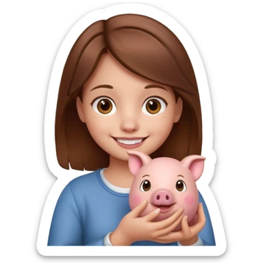girl with brown hair holding little piggy  sticker