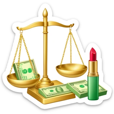 gold scale with left side green dollar bills and right side beauty products lipstick and nail polish, no lips, no extra elements sticker
