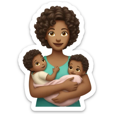 mom with light tan skin, shoulder length dark brown curly hair carrying 2 babies  sticker