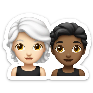 Lesbian couple, one girl wearing a white dress with white hair, the other wearing a black dress with black hair sticker