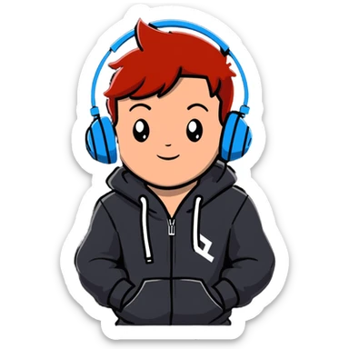 young red-haired boy wearing headphones and a hoodie with 'woojuo' printed on the chest, lively style, suitable for emoji sticker