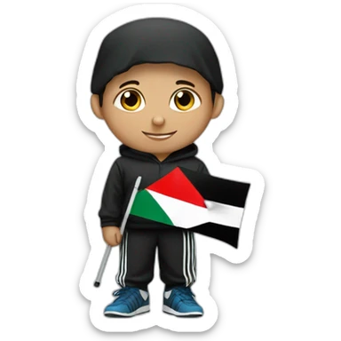 A Palestinian boy wearing black Adidas three-stripe pants and holding a Palestinian flag sticker