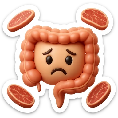 emoji stile iphone in 3d di un intestino triste con fette di carne che gli fluttuano intorno, iperrealistico 4k sticker