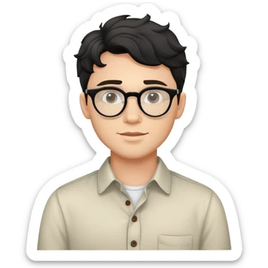 Upper body only of young caucasian man with black wavy hair, round glasses, wearing comfortable buttoned shirt sticker