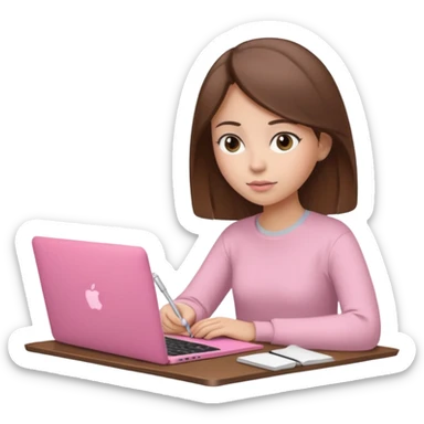 Chica lacia en una MacBook rosa investigando y haciendo tareas sticker