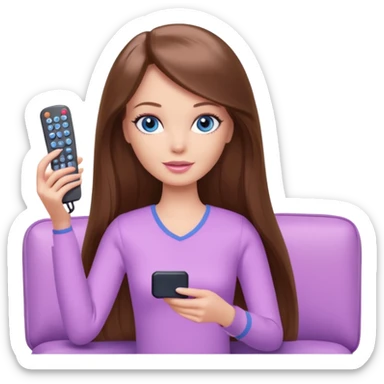 beautiful barbie girl with long brown hair, blue eyes and wearing light purple clothes watching tv sticker