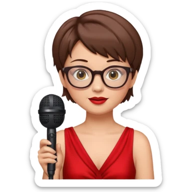 singer, Old, brown short hair, holding mic, red dress, glasses sticker