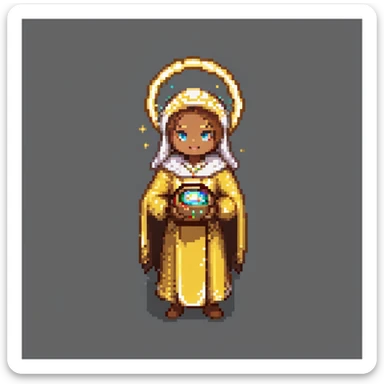 Portrait of a radiant baker with a glowing halo, golden robes, and a cookie-shaped aura, skeuomorphism style sticker
