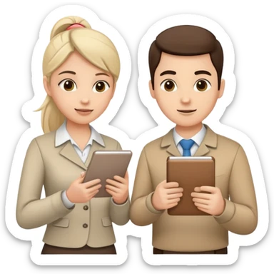 Two team members facing each other, one holding a notepad and the other gesturing, in a collaborative pose sticker