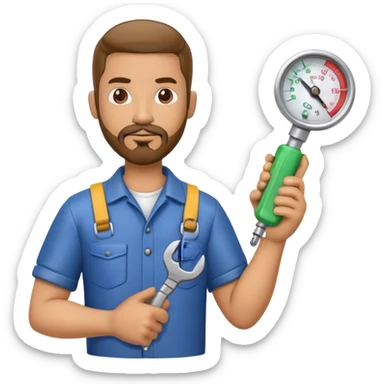 Latino HVAC repairman action figure with goatee beard holding a wrench and refrigerant gauge sticker