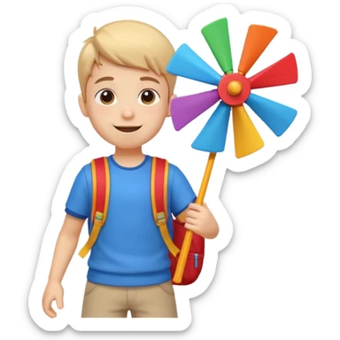 cute boy carrying a toy windmill backpack, colorful windmill spinning on the back, happy expression, casual outfit, 3D cartoon, mobile game icon style, clean background, no text, no watermark
 sticker