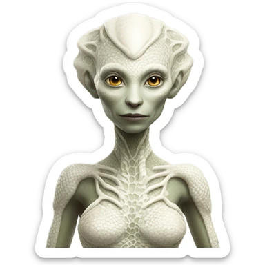 a full body portrait of a Reptilian alien woman with pale white skin and intricate scale patterns sticker