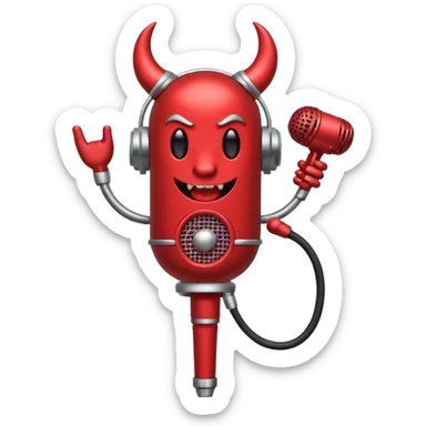 Minimalist emoji-style sticker of a classic retro microphone with small devil horns and a subtle tail wrapping the base. Grayscale with slight red accents.
 sticker