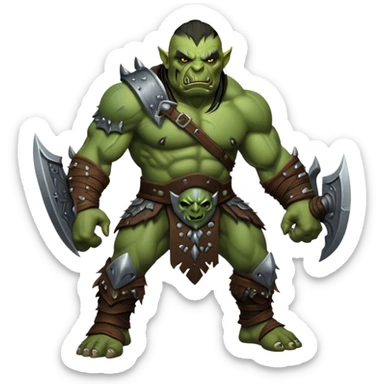 Cinematic Realistic WoW Orc Warrior Portrait, captured in a dynamic, battle-ready stance, muscles bulging beneath intricately detailed tribal armor accented with dark leather and iron. His fierce, determined eyes and battle-scarred green skin are rendered with dramatic natural lighting and high shine, exuding raw, relentless fury in a fierce combat pose. sticker