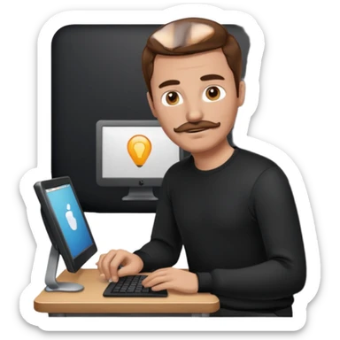  man with mustache, brown hair, 33years old, shirt, high temple Black pullover with a white shirt underneath and black fabric trousers work with couputer sticker