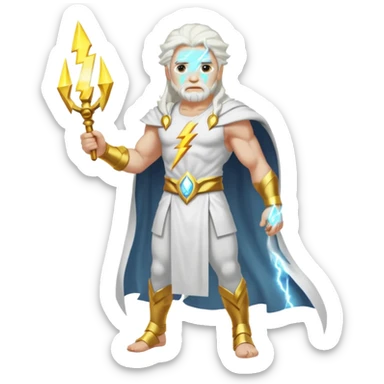 Zeus, whole body, white clothes, long white  hair, lightnings sticker