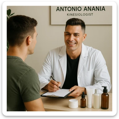 Create a realistic image of a young man visiting Antonio Anania, a kinesiologist, for a kinesiology consultation about cosmetic products. Antonio Anania should resemble the person in the reference photo. Show a professional and positive studio scene with visible cosmetic products. sticker