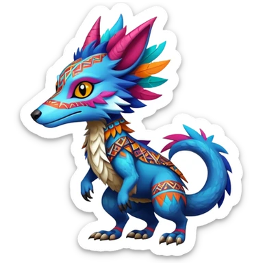 a colorful edgy cute vernid-sergal-fionbri-creature with tribal patterns full body sticker