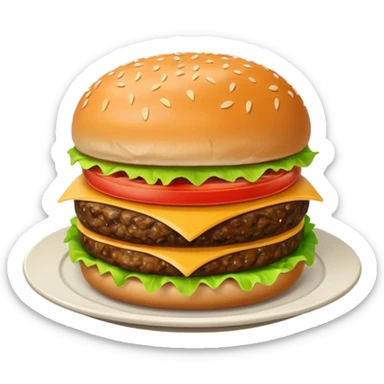 Draw a hamburger on a plate using a front camera with an 80-degree angle from the ground, ensuring the object remains stationary without rotation or tilt. sticker