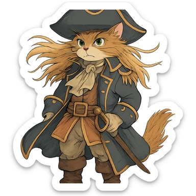 ghibli style cat dressed as pirate captain with flowing fur and detailed costume sticker